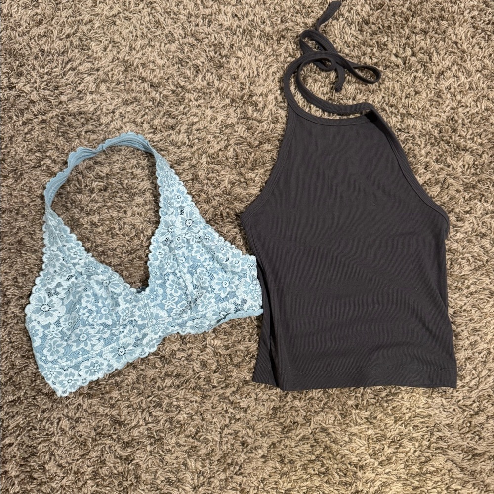 Gray Halter Top and Blue Lace Bralette